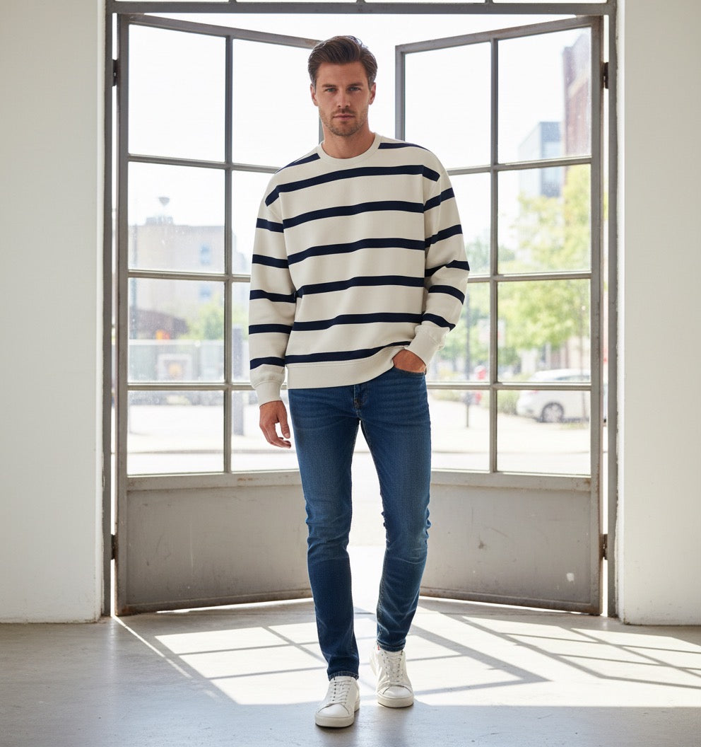Sweat-shirt écoresponsable à col rond à rayures et épaules tombantes